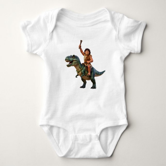Caveman Riding Dinosaur Cartoon Image Baby Strampler (Vorderseite)