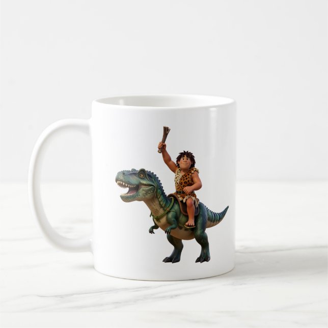 Caveman Riding Dinosaur Cartoon Image Kaffeetasse (Links)