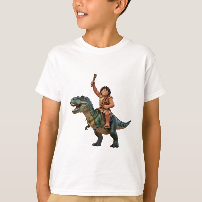 Caveman Riding Dinosaur Cartoon Image T-Shirt (Vorderseite)