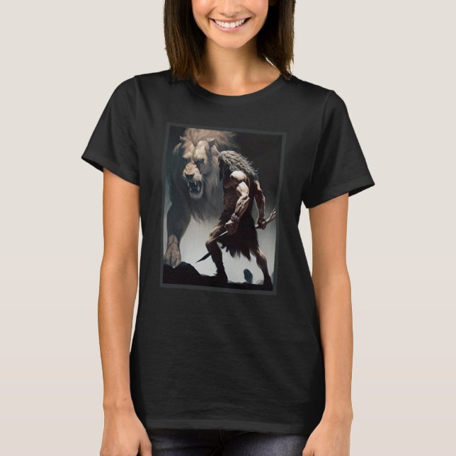 Caveman Warrior with Friendly Lion chasing the sam T-Shirt (Vorderseite)