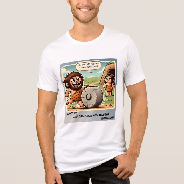 Caveman Wheel Obsession | Funny Prehistorisches Co Tri-Blend Shirt (Vorderseite)