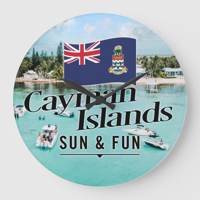 "Cayman Islands Sun & Fun" mit Flagge Große Wanduhr (Vorderseite)