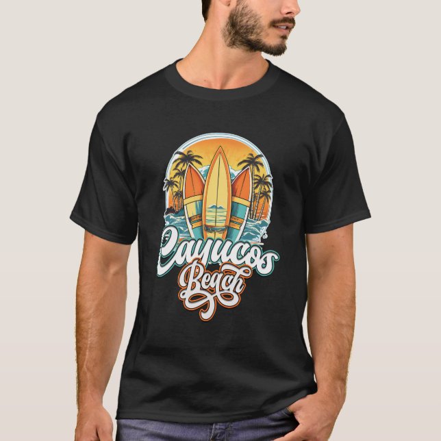 Cayucos Drei-Surfbretter und Palmenbaumkreislauf T-Shirt (Vorderseite)