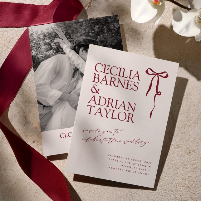 CECILIA Burgundy Wedding Invitation with Bow Einladung (Von Creator hochgeladen)