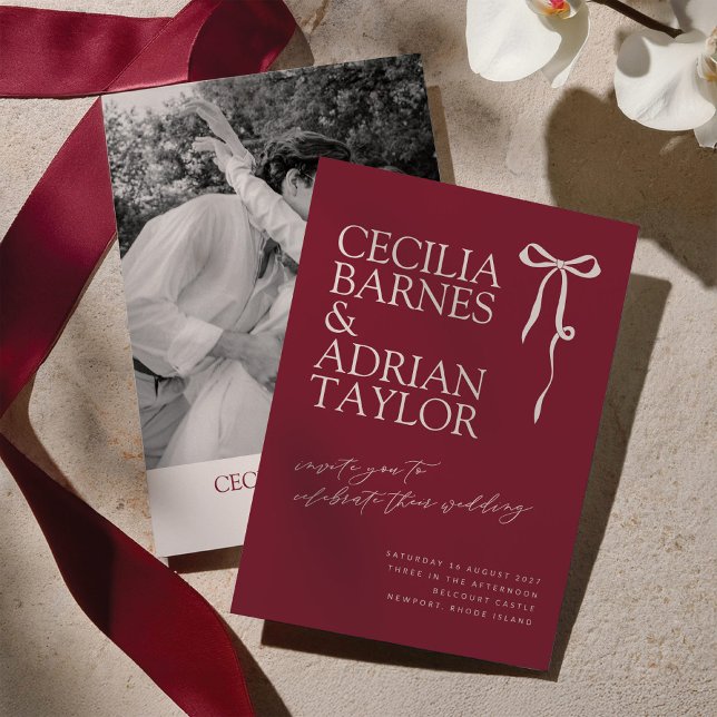 CECILIA Burgundy Wedding Invitation with Bow Einladung (Von Creator hochgeladen)