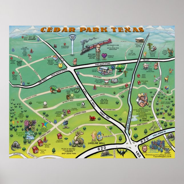 Cedar Park Texas Cartoon Karte Poster (Vorne)
