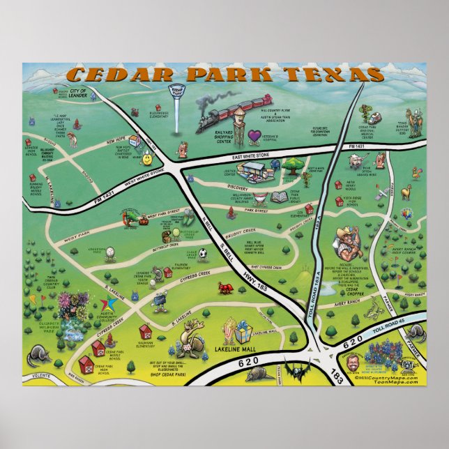 Cedar Park Texas Cartoon Karte Poster (Vorne)