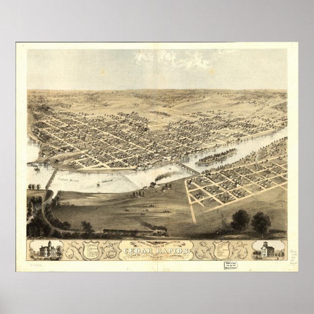 Cedar Rapids Iowa 1868 Antike Panoramabalkarte Poster (Vorne)