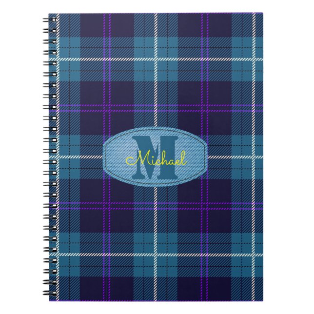 Celadon Blue Kariert Tartan Jeans Monogram Script Notizblock (Vorderseite)