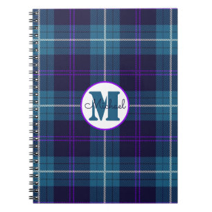 Celadon Blue Kariert Tartan Monogram Script Name Notizblock