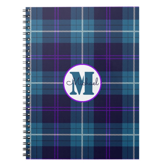 Celadon Blue Kariert Tartan Monogram Script Name Notizblock (Vorderseite)