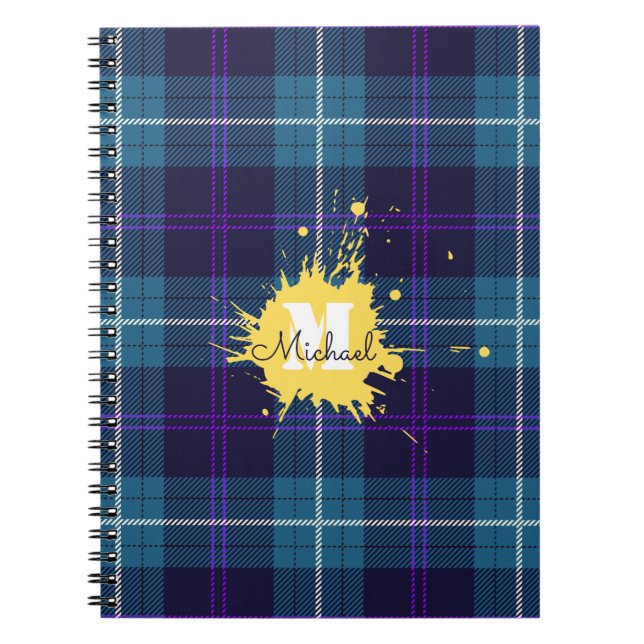 Celadon Blue Kariert Tartan Yellow Splash Monogram Notizblock (Vorderseite)