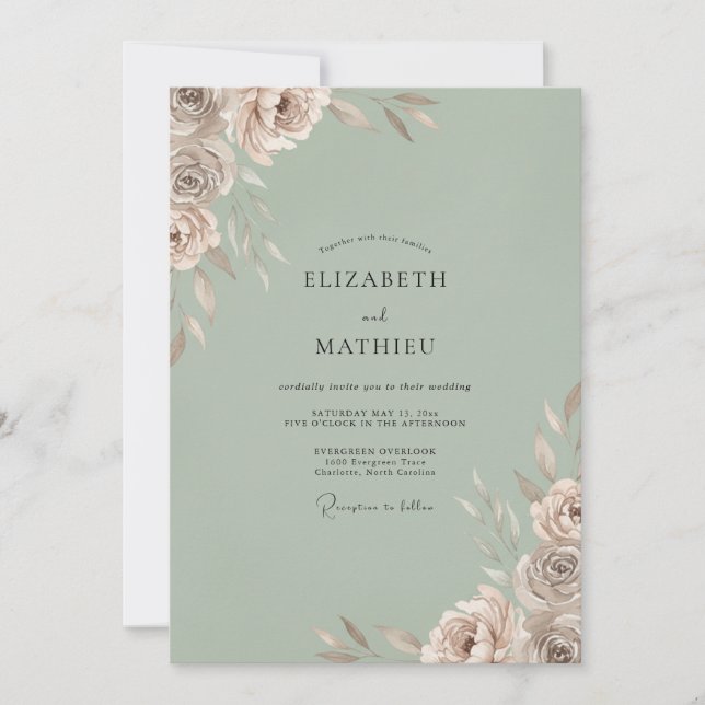 Celadon Champagner Blütenhochzeit Einladung (Vorderseite)