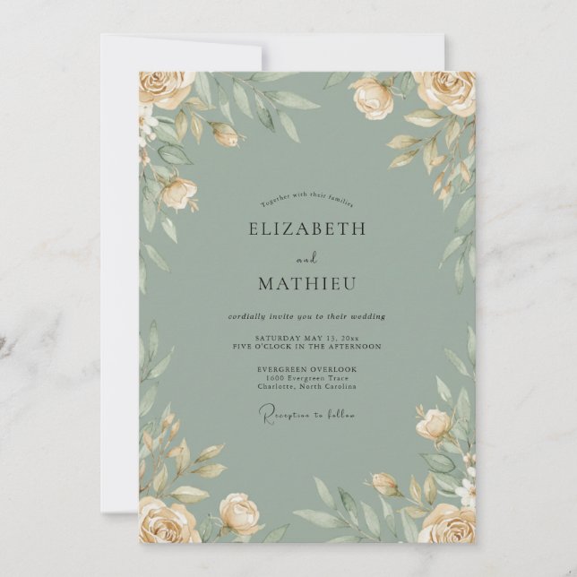 Celadon-Creme-Blatt-Hochzeit Einladung (Vorderseite)