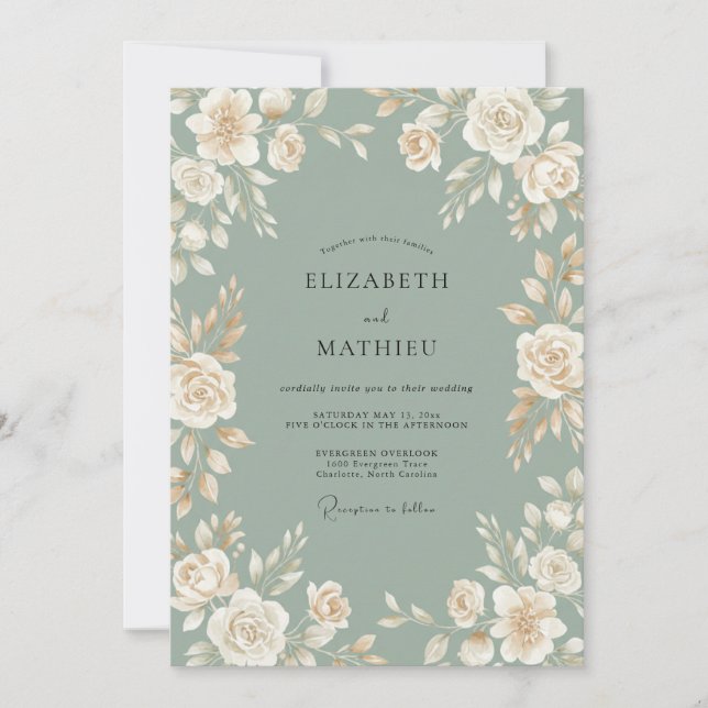 Celadon-Creme-Blüten-Hochzeit Einladung (Vorderseite)