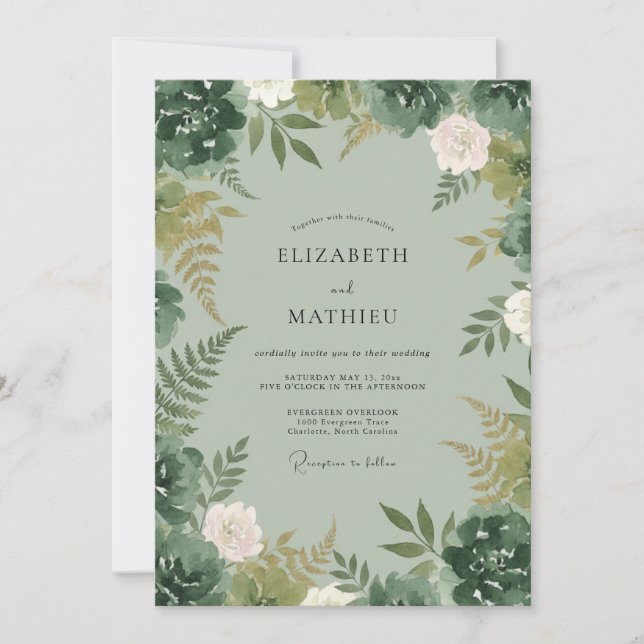 Celadon-Farn-Blüten-Hochzeit Einladung (Vorderseite)