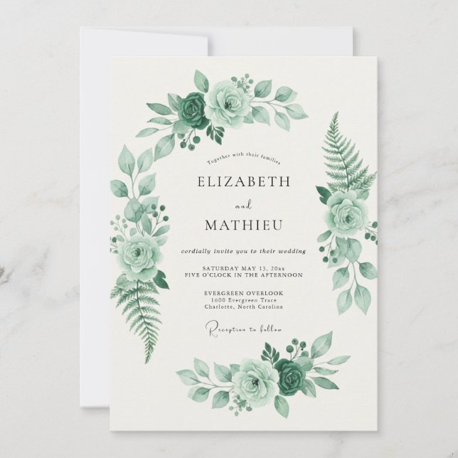 Celadon-Farnblatt-Hochzeit Einladung (Vorderseite)