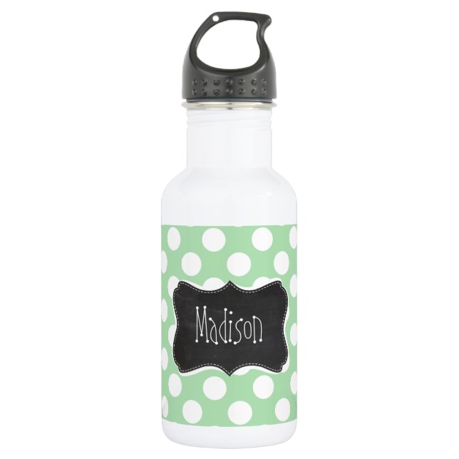 Celadon Green Polka Dots; Chalkboard-Look Edelstahlflasche (Vorderseite)