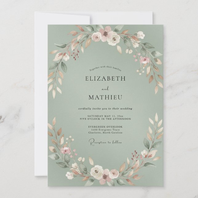 Celadon-Hochzeit mit Blattmuster Einladung (Vorderseite)