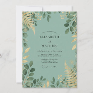 Celadon-Laub-Gold-Eukalyptus-Hochzeit Einladung