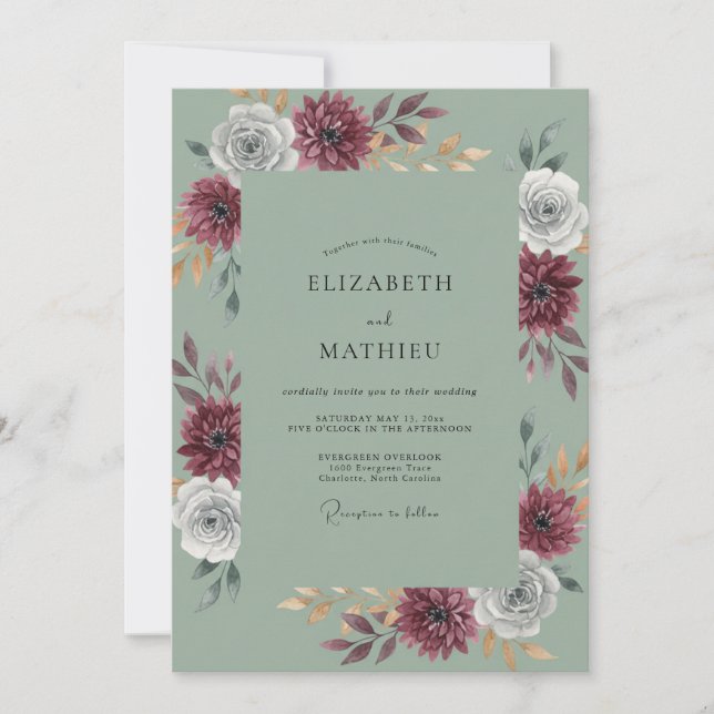 Celadon-Maroon-Dahlia-Hochzeit Einladung (Vorderseite)