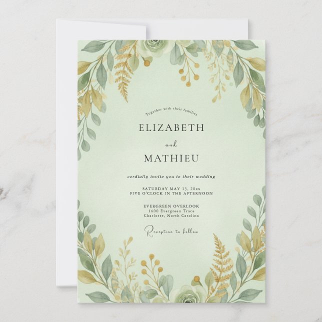 Celadon-Ocker-Laub-Eukalyptus-Hochzeit Einladung (Vorderseite)