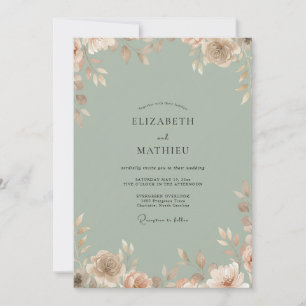 Celadon-Pfirsich-Hochzeit mit Blättern Einladung