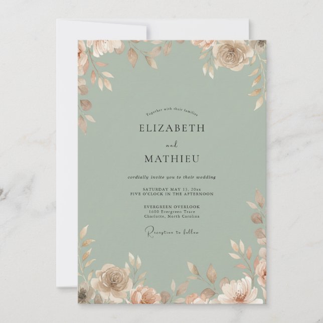 Celadon-Pfirsich-Hochzeit mit Blättern Einladung (Vorderseite)