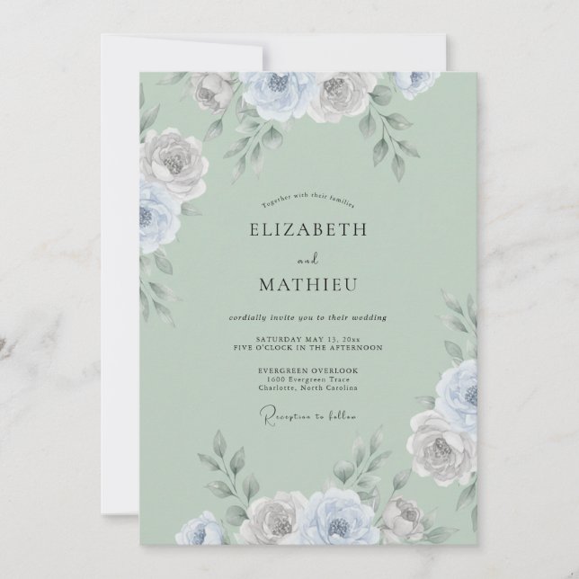 Celadon Silber Ranunculus Eukalyptus Hochzeit Einladung (Vorderseite)