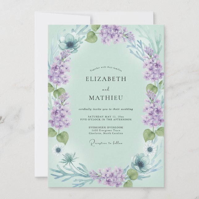 Celadon-Veilchen-Kranz-Hochzeit Einladung (Vorderseite)