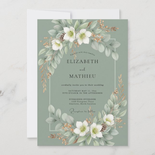 Celadon Weiße Lilien Hochzeit Einladung (Vorderseite)