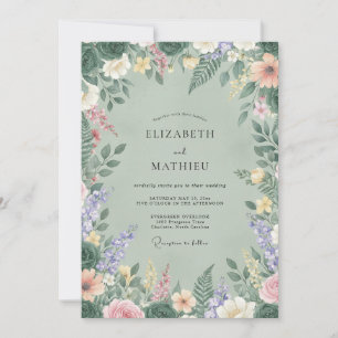 Celadon-Wiesen-Wildblumen-Hochzeit Einladung