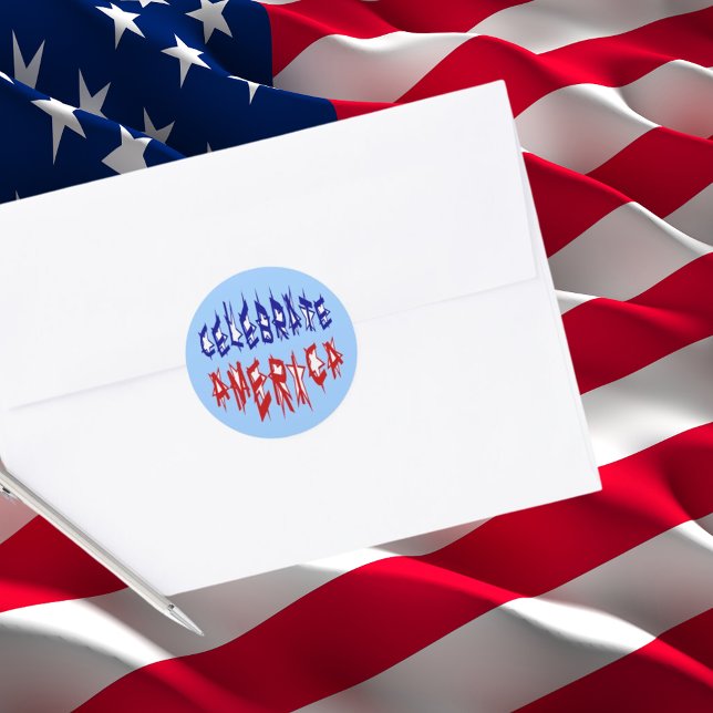 Celebrate America Flag Special Typografy Blue Red Runder Aufkleber (Celebrate America Flag Font #2 Classic Round Sticker)