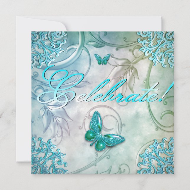 Celebrate Aquamarin Blue Butterfly Floral Geburtst Einladung (Vorderseite)