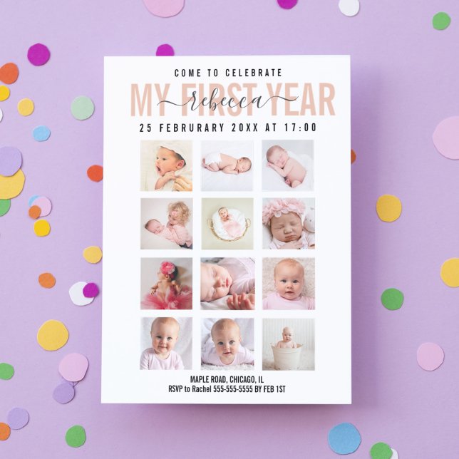 Celebrate Baby Girl First Year 12 Foto Collage Einladung (Von Creator hochgeladen)
