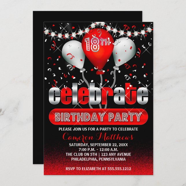 Celebrate Balloons Confetti 18. Geburtstagsparty Einladung (Vorne/Hinten)
