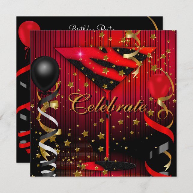 Celebrate Birthday Party Black Red Stars Einladung (Vorne/Hinten)