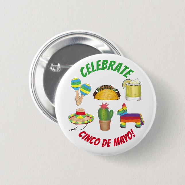 Celebrate Cinco de Mayo Fiesta Taco Piñata Cactus Button (Vorne & Hinten)