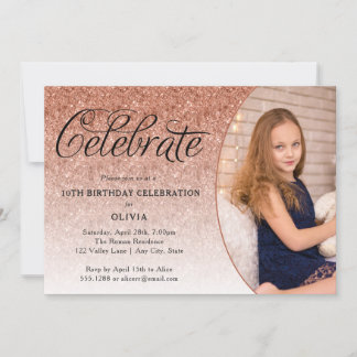 Celebrate Extravagant Script Rose Gold Glitzer Fot Einladung