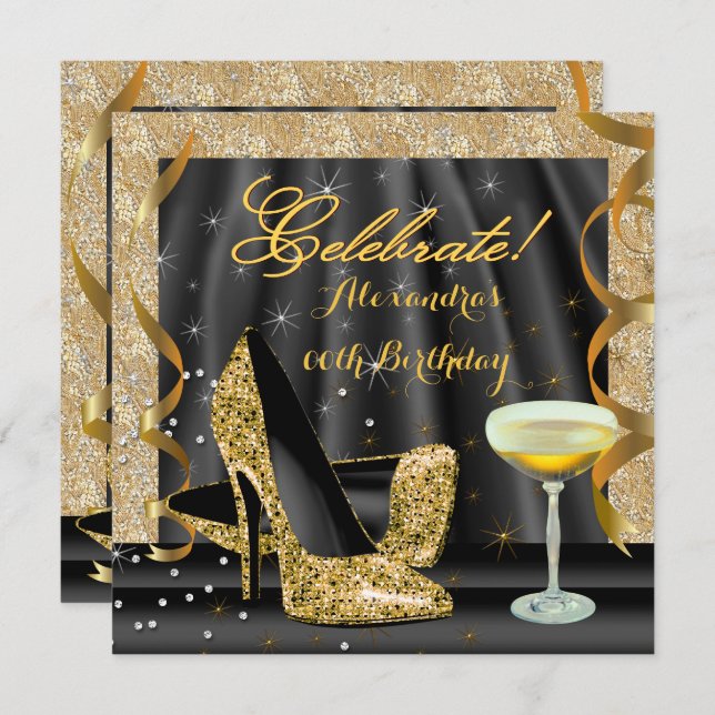 Celebrate Gold Black Glitzer Heelses Champagne Par Einladung (Vorne/Hinten)
