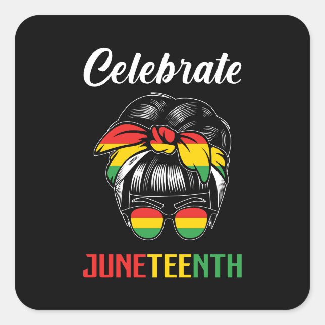Celebrate Juneteenth | Messy Bun | Rotes Schwarzes Quadratischer Aufkleber (Vorderseite)