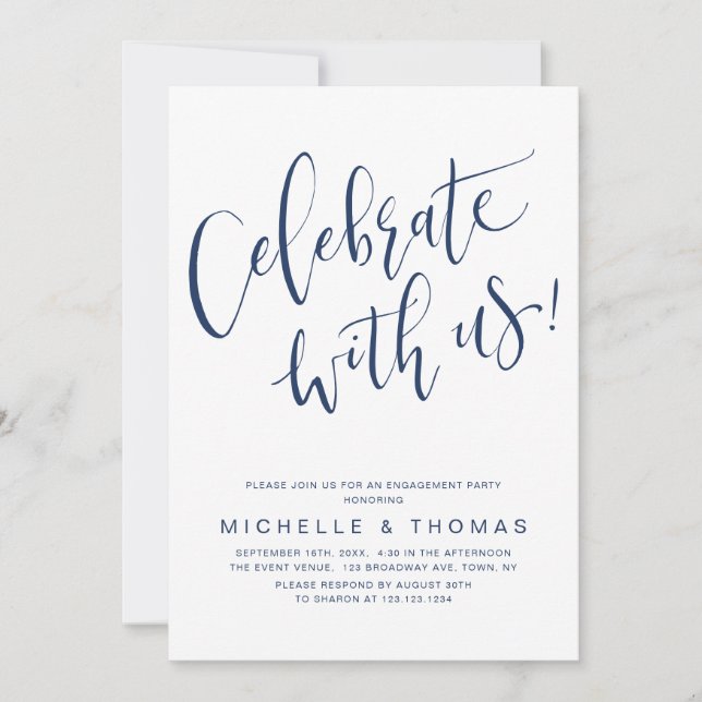 Celebrate mit US Script Navy Blue Modern einfach Einladung (Vorderseite)