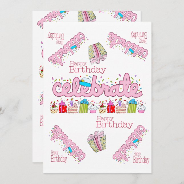 Celebrate Pink Happy Birthday Einladung (Vorne/Hinten)