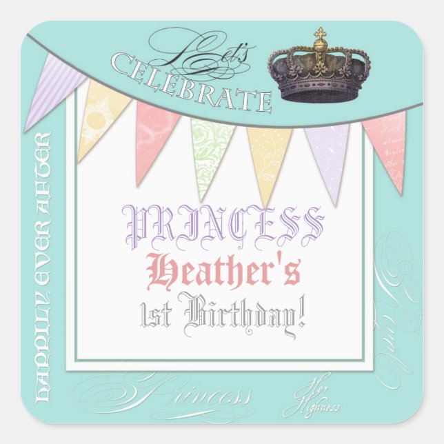 Celebrate Royally Princess Birthday Party Girl Quadratischer Aufkleber (Vorderseite)