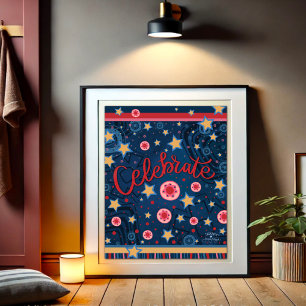 Celebrate Stars Blume Spaß Blue Stripe Poster