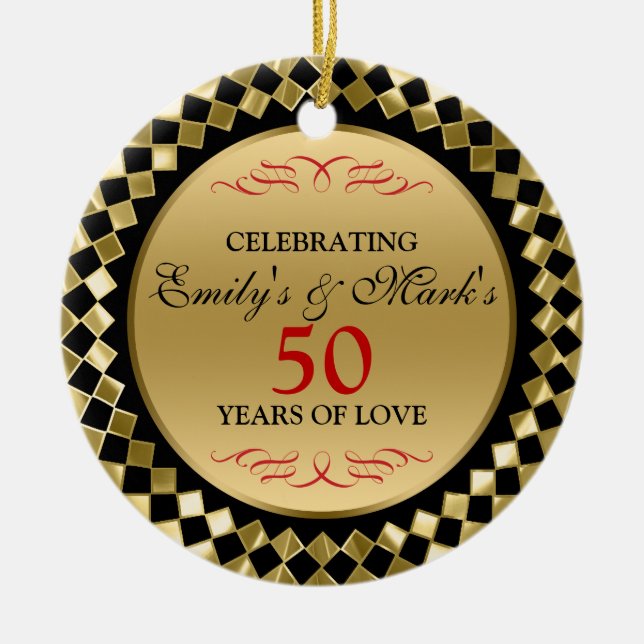 Celebrating - Golddiamanten und rote Wirbel Keramikornament (Vorne)