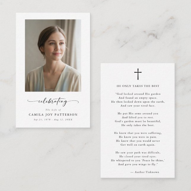 Celebrating Life Funeral Memorial Prayer Card Visitenkarte (Vorne/Hinten)