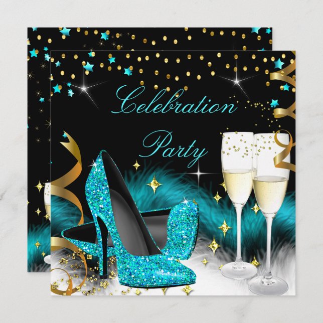Celebration Champagne Party Aquamarin Blue High He Einladung (Vorne/Hinten)