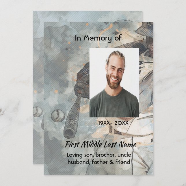 Celebration Life Service Memorial Baseball Player Einladung (Vorne/Hinten)