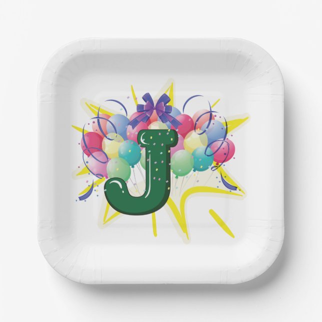 Celebration Monogram Letter J with Balloons Pappteller (Vorderseite)